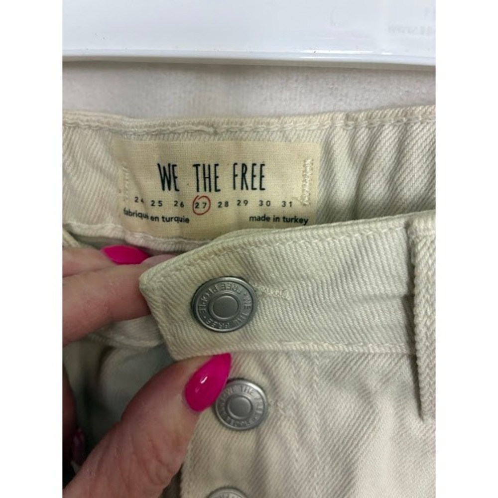 We The Free Free People Cream Distressed Denim Mini Skirt Button Fly Size 27 - Picture 5 of 6